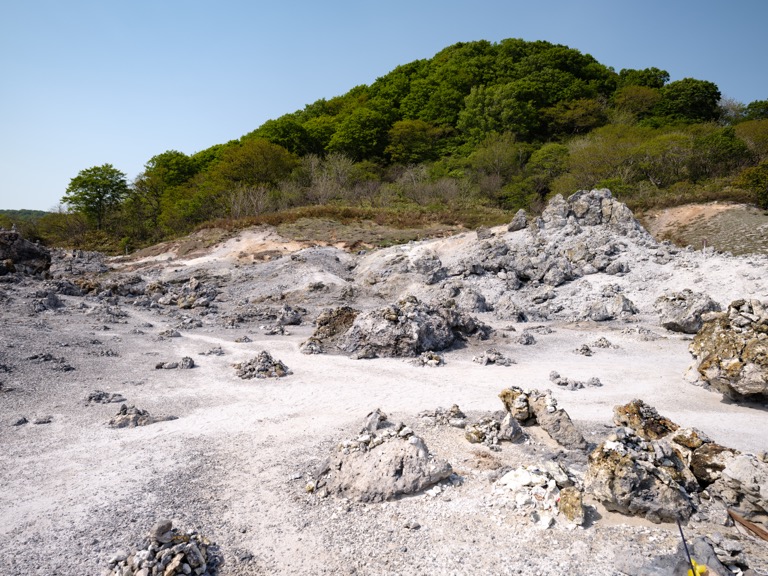 Sulfuric rock formations at Mount Osorezan, known as hell, near Lake Usoriyama.